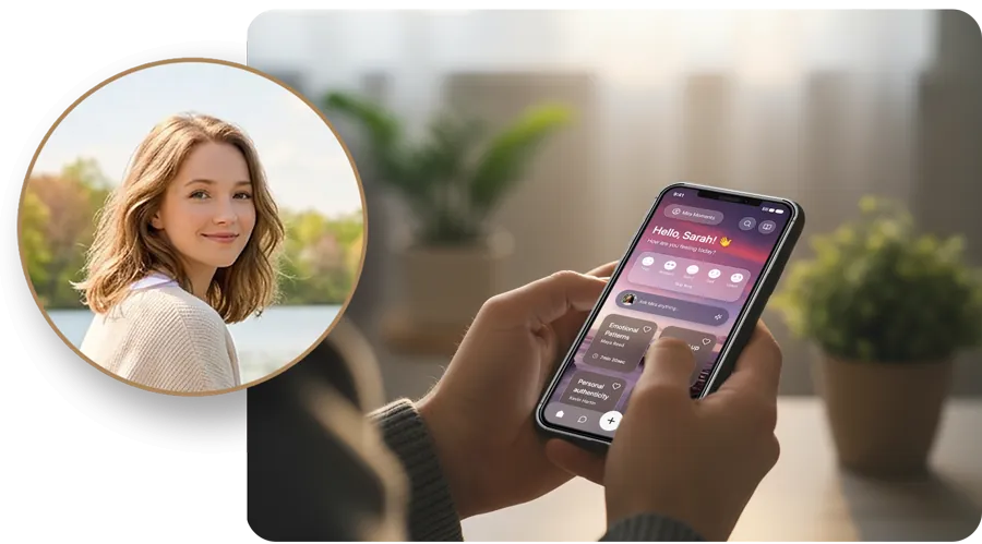 A person holds a smartphone displaying a messaging app with "Hello, Sarah" on the screen. Inset is a portrait of a smiling young woman with shoulder-length hair, outdoors near a lake with trees in the background.