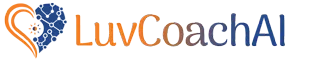 Logo for LuvCoachAI featuring a heart shape with a neural network pattern on the left, and the text "LuvCoachAI" in orange and blue to the right.