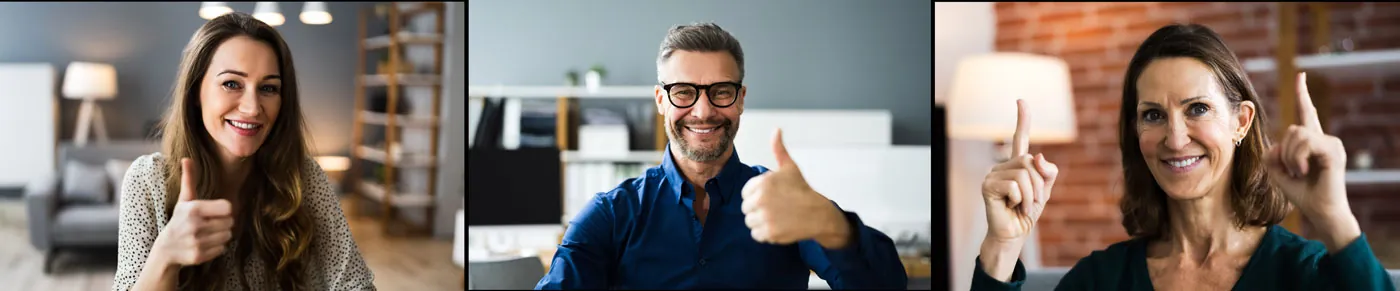 Three people smiling and holding up their thumbs to the camera, each in a different indoor setting, suggesting a positive and encouraging atmosphere during a video call or virtual meeting.