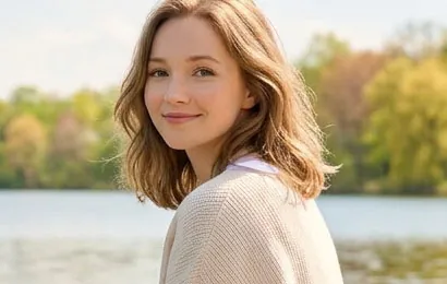 A young woman with light brown hair and a light sweater smiles while sitting outdoors near a lake, with trees and greenery blurred in the background.